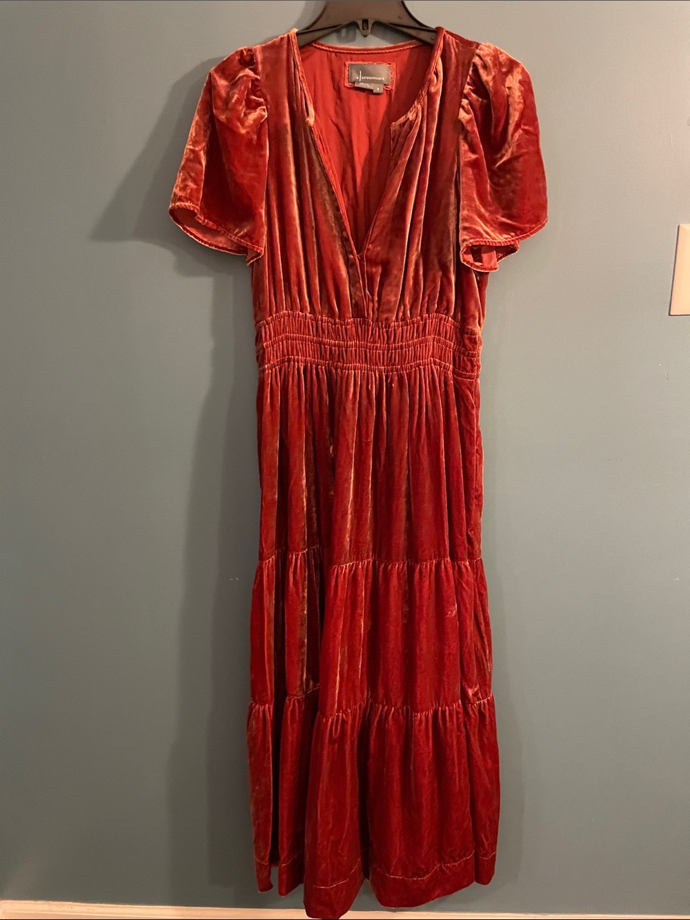 Anthropologie Burnt Orange Velvet Maxi Dress with V-Neck